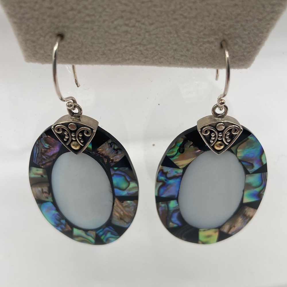 Robert Manse Sterling Silver 18K Abalone Mother of Pearl Earrings 2 1/4”L - Picture 6 of 13